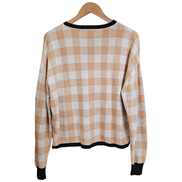 WISPR By Brodie Sweater Cotton Silk Blend Tan Gingham Long Sleeve Crew Neck L - Picture 3 of 11
